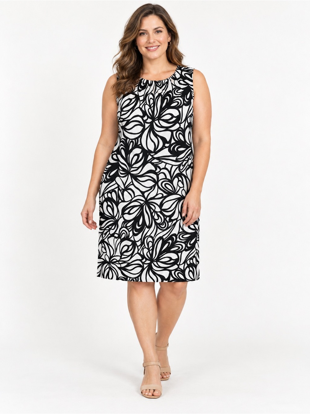 Jones New York Collection Black White Floral Sleeveless Midi Dress L